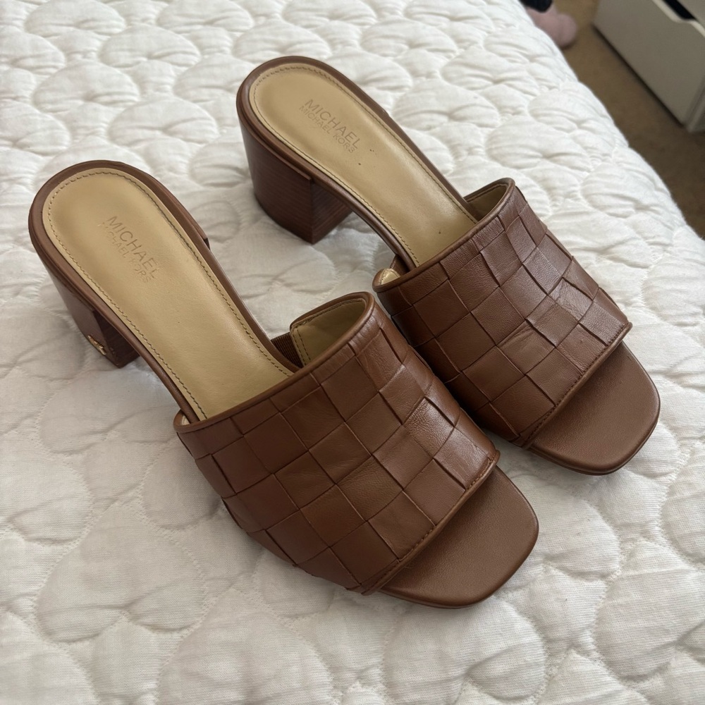 Michael Kors Tan Woven Heeled Ingrid Mules